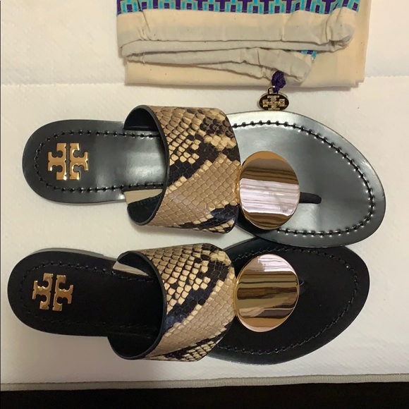 NWT Tory Burch® Patos Snakeskin-Embossed Leather Thong Sandals - Picture 9 of 10